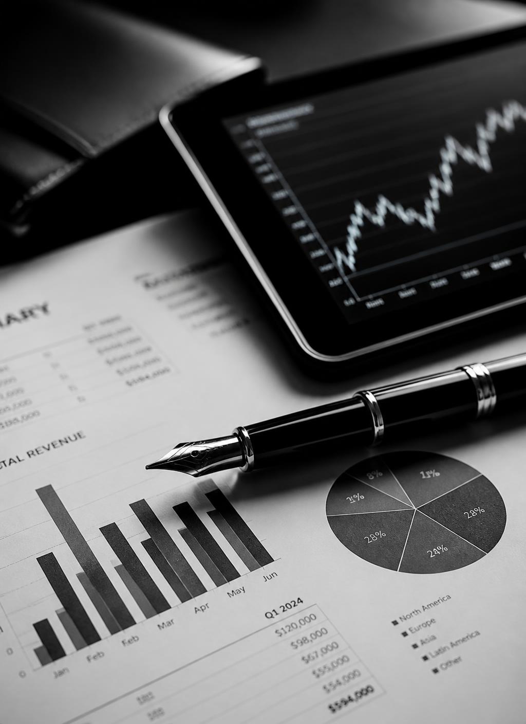 Gráficos financeiros impressos, caneta e tablet sobre uma mesa de trabalho